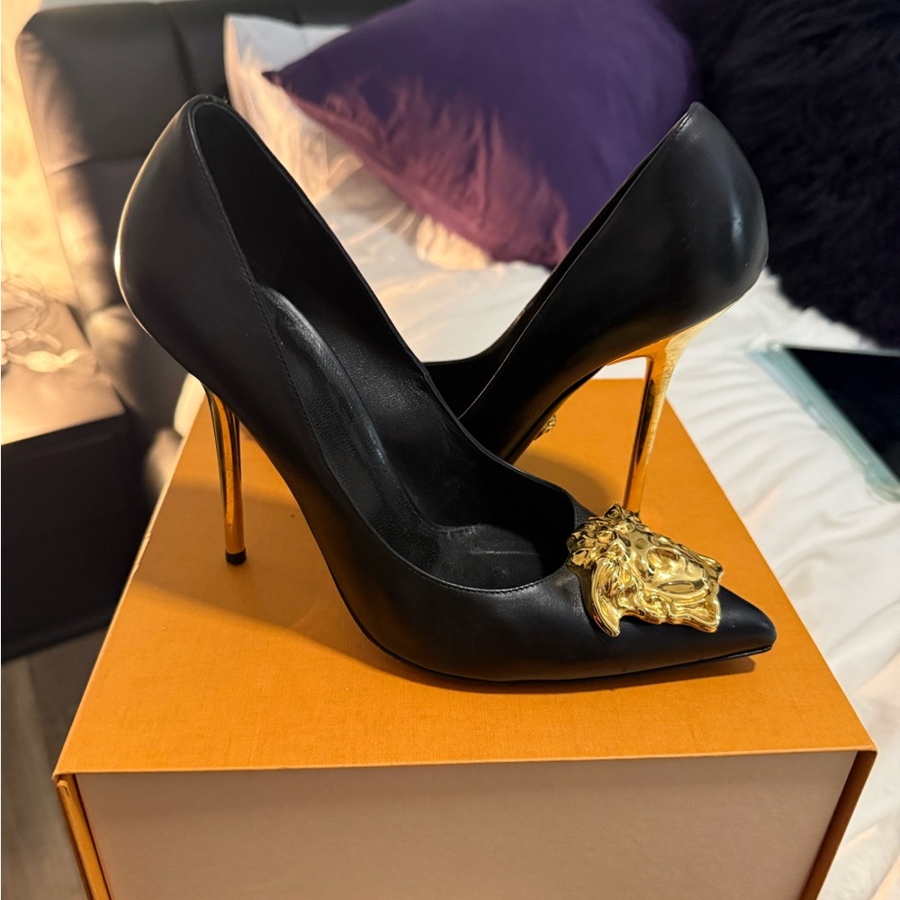 Versace Black Heels with Gold Medusa Detail